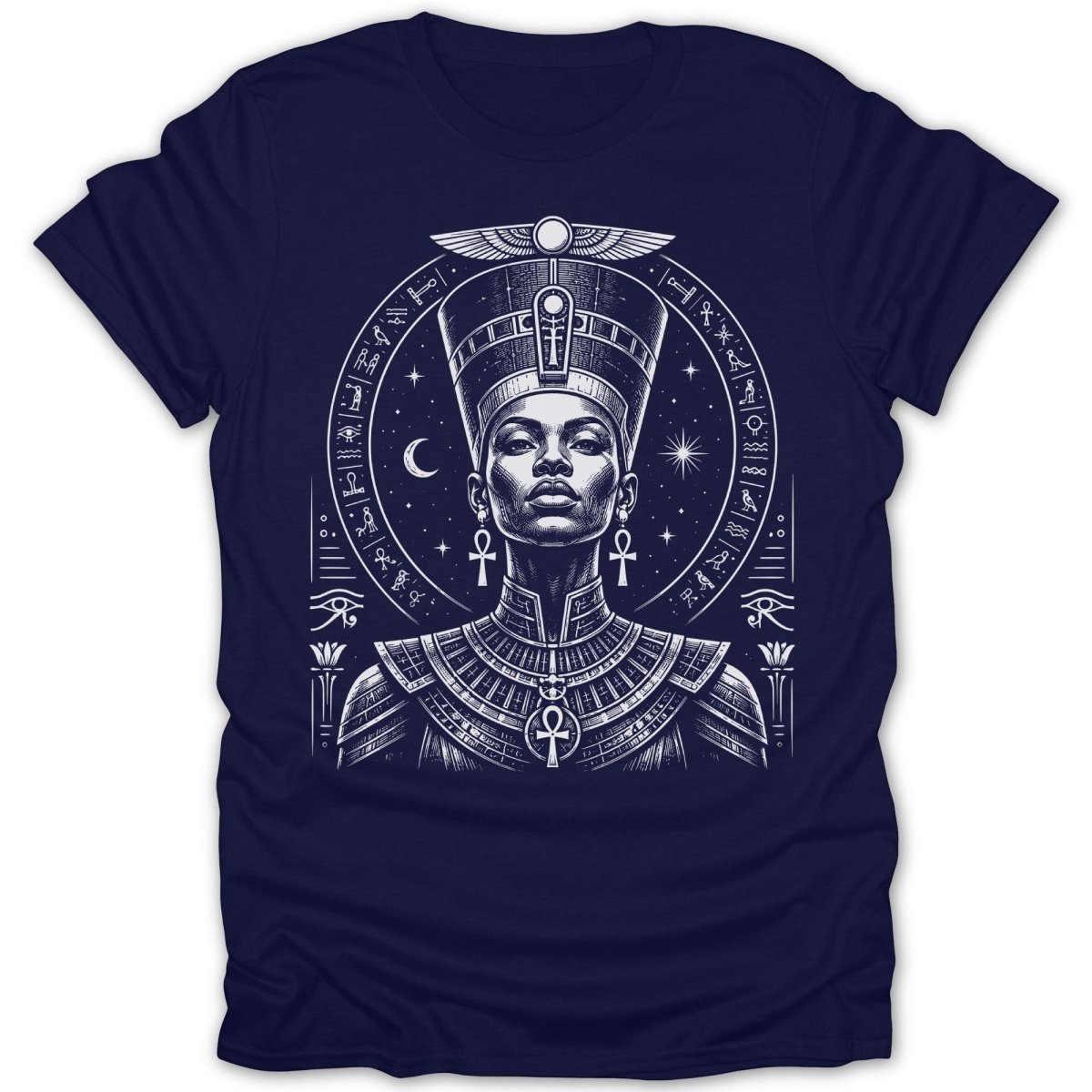 Nefertiti illustration on a dark blue t-shirt with hieroglyphs and symbols.