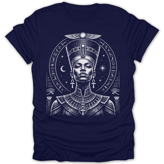 Nefertiti illustration on a dark blue t-shirt with hieroglyphs and symbols.