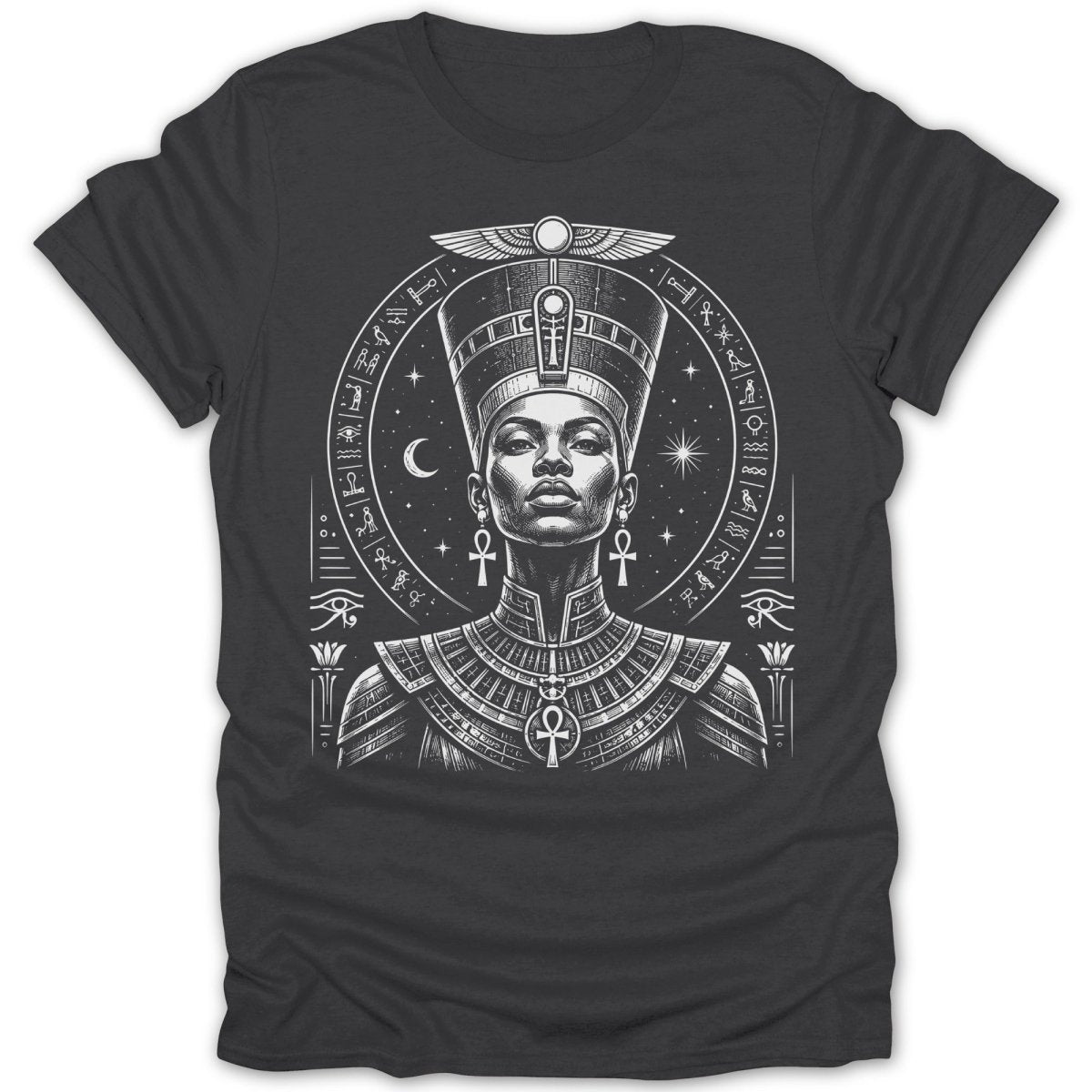 Bust of Nefertiti wearing a tall crown and Egyptian jewelry, surrounded by hieroglyphs.