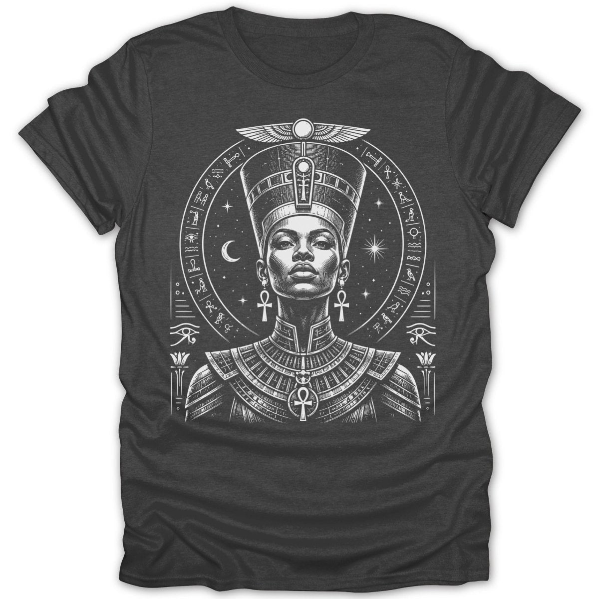 Black and white illustration of Queen Nefertiti wearing a crown and ornate jewelry.