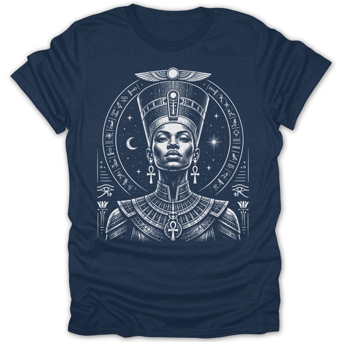 Nefertiti wearing headdress and ankh necklace surrounded by hieroglyphs and celestial symbols.