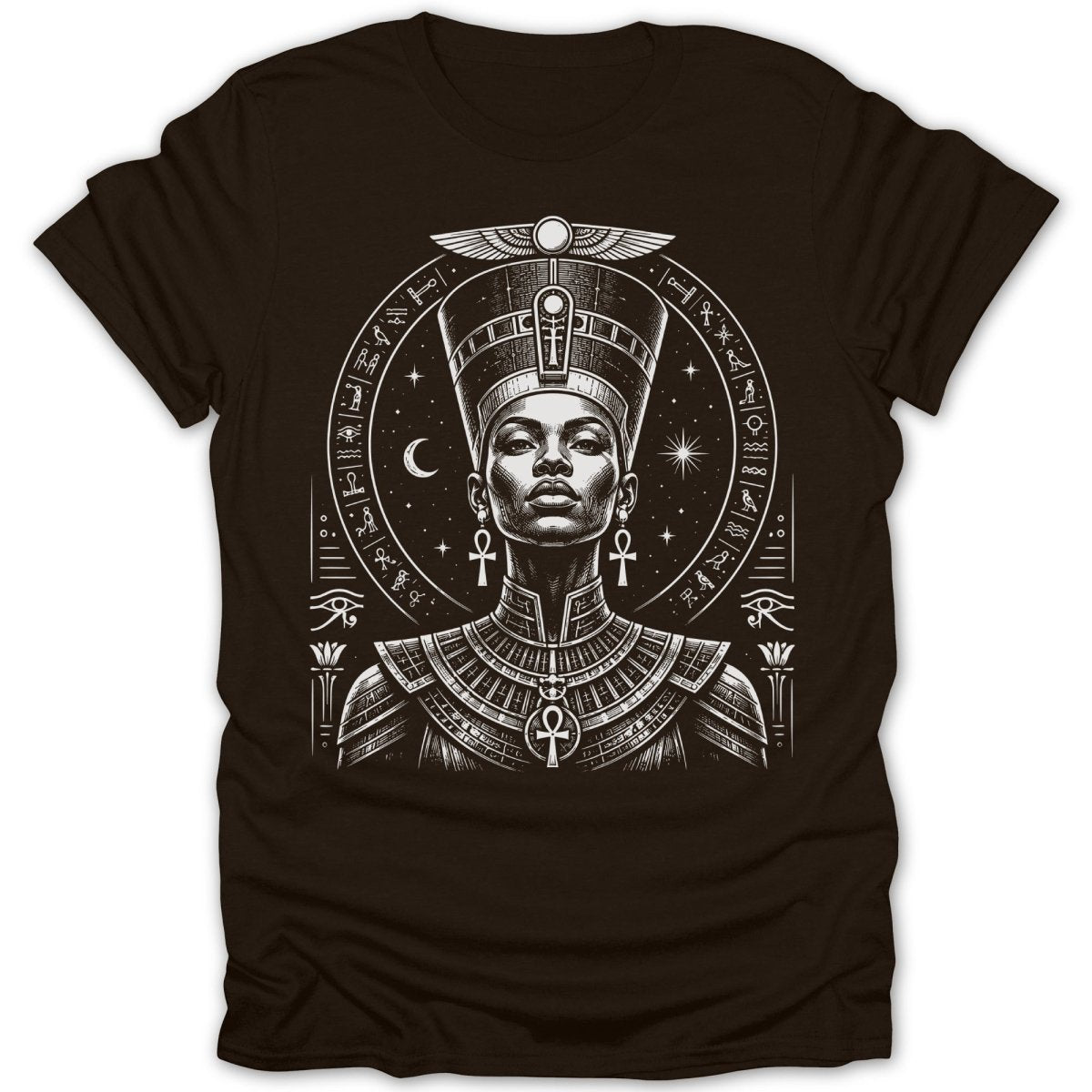 Queen Nefertiti portrait in Egyptian headdress and ankh necklace.