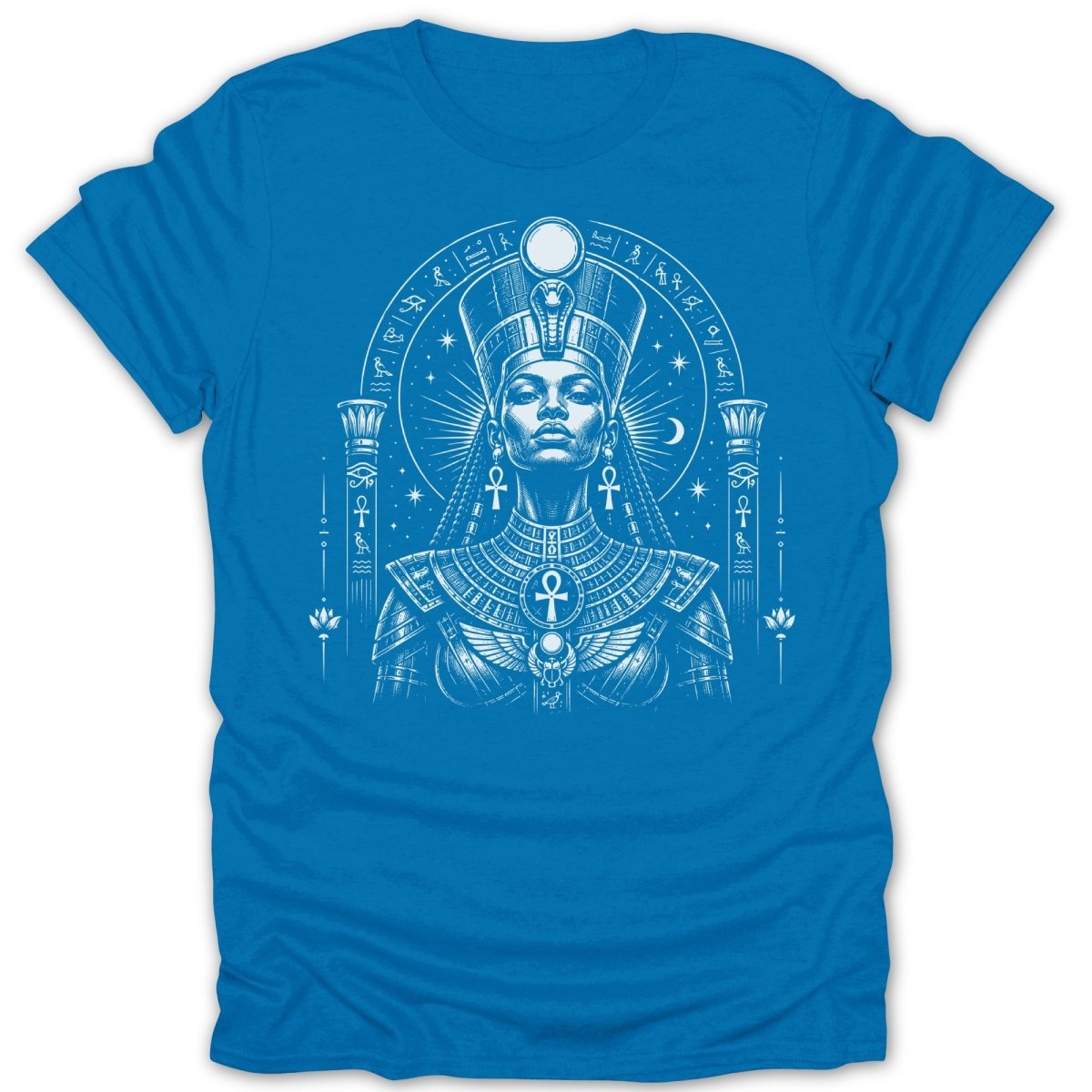 Blue t-shirt with white illustration of an Egyptian queen wearing a headdress.