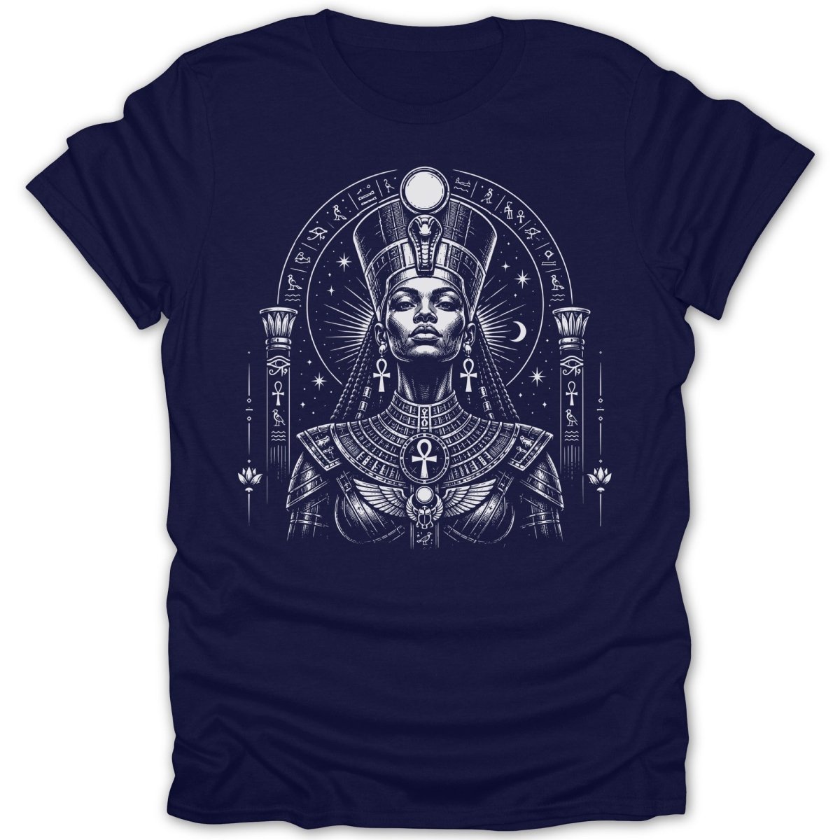 Nefertiti in Egyptian headdress, sarcophagus details, hieroglyphs, and zodiac wheel.