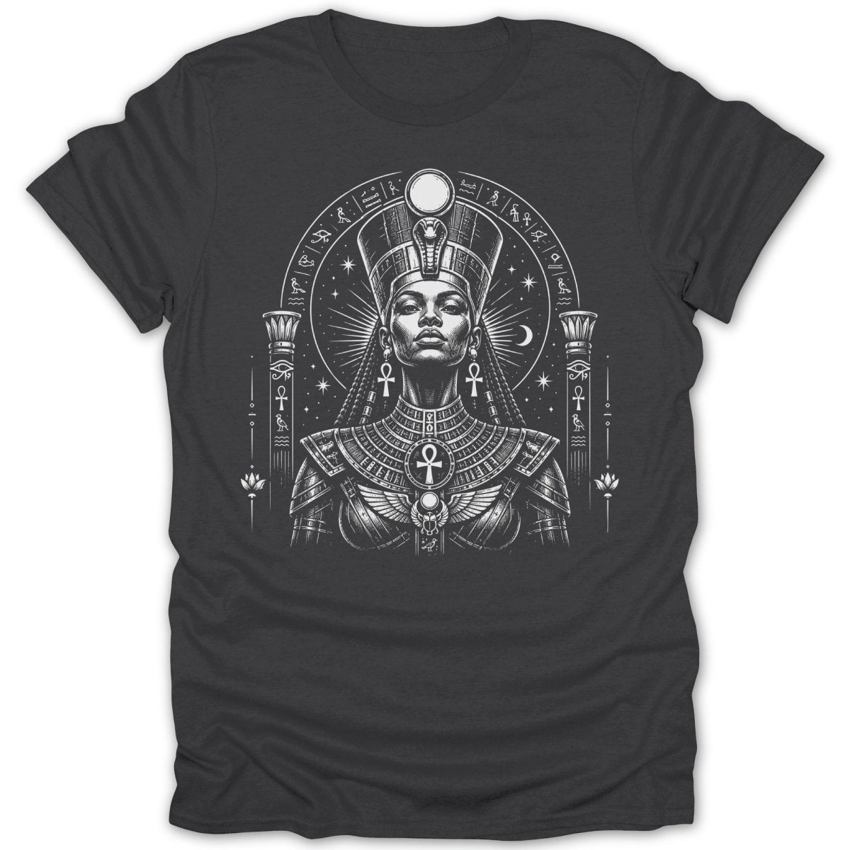 T-shirt graphic featuring Cleopatra with an Egyptian headdress and ornate jewelry.