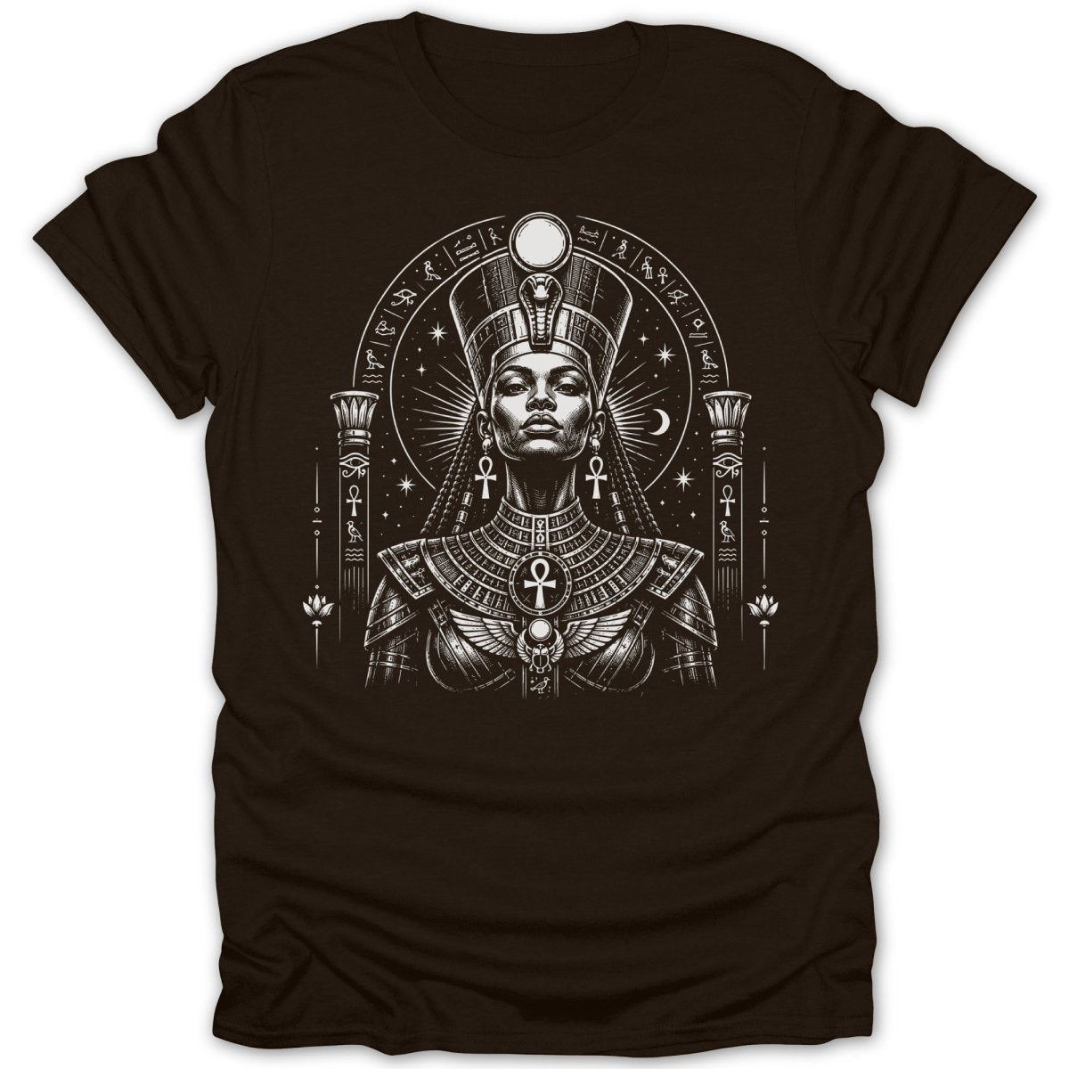 Egyptian queen with headdress and Egyptian symbols in a circular frame.