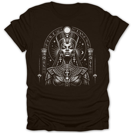Egyptian queen with headdress and Egyptian symbols in a circular frame.