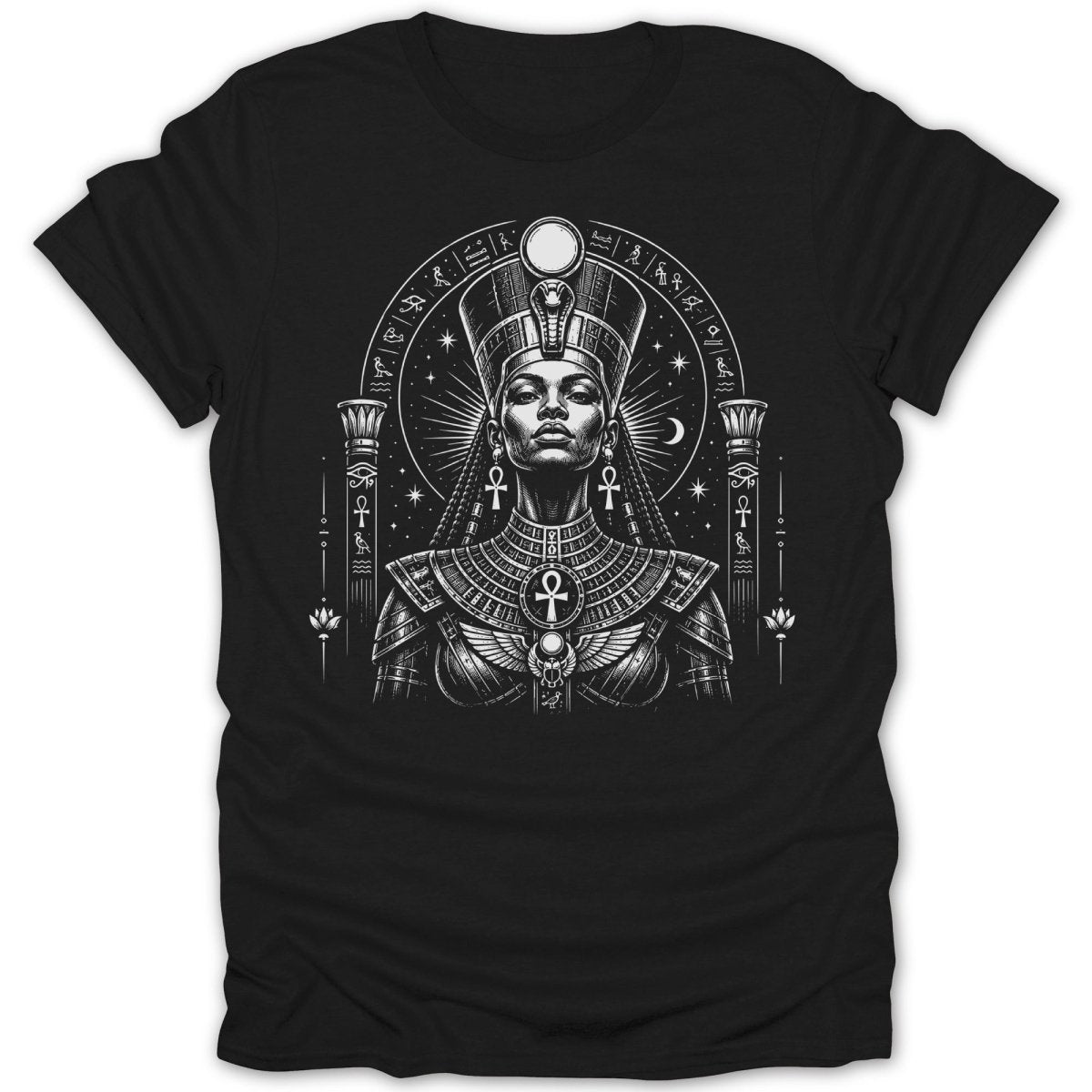 Black t-shirt with Egyptian queen illustration, hieroglyphs, and celestial circle.