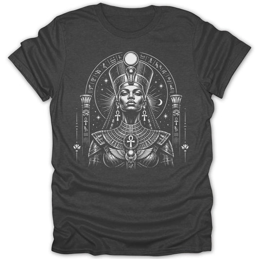 Cleopatra wears a detailed Egyptian headdress and ornate collar on a dark t-shirt.
