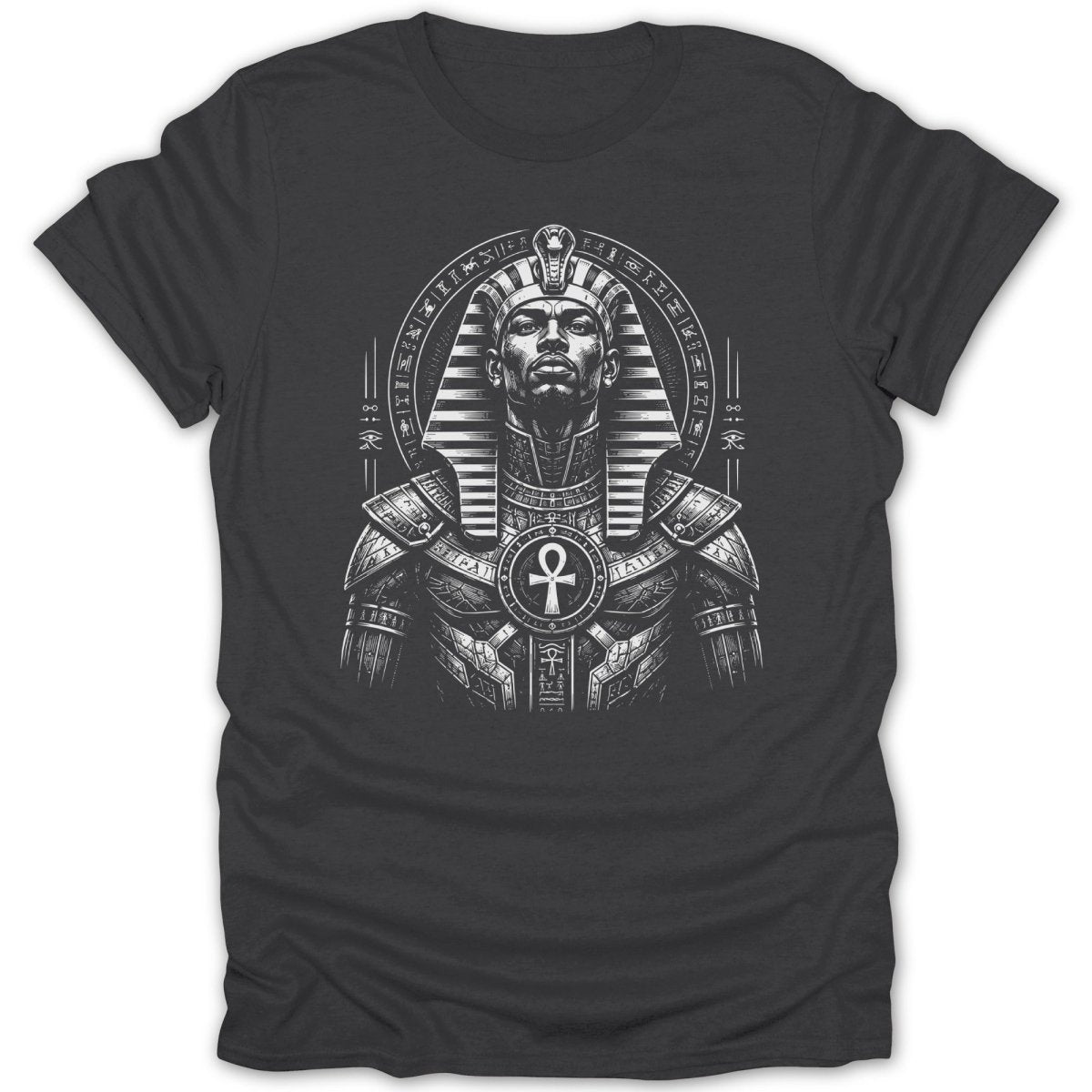 T-shirt graphic of an ancient Egyptian pharaoh with an ankh symbol.
