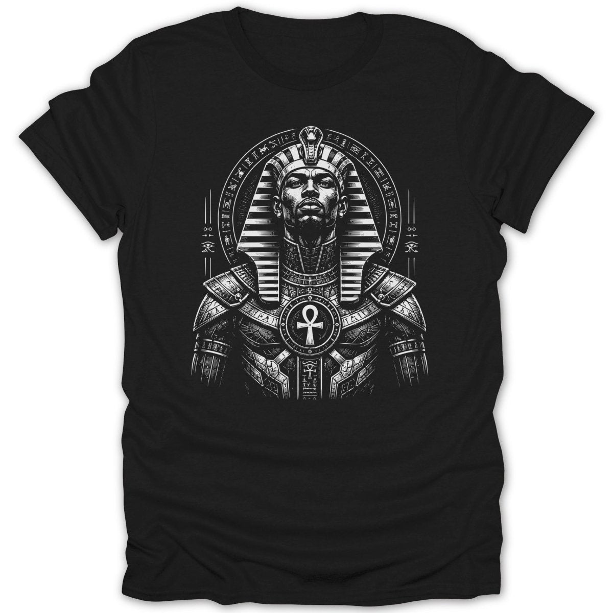 Black t-shirt with Egyptian pharaoh wearing nemes headdress and ankh symbol.