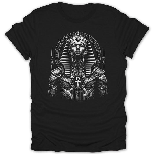Black t-shirt with Egyptian pharaoh wearing nemes headdress and ankh symbol.