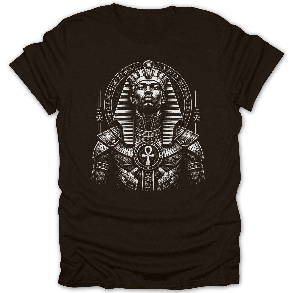 T-shirt with black and white illustration of an Egyptian pharaoh in headdress and ornate armor.