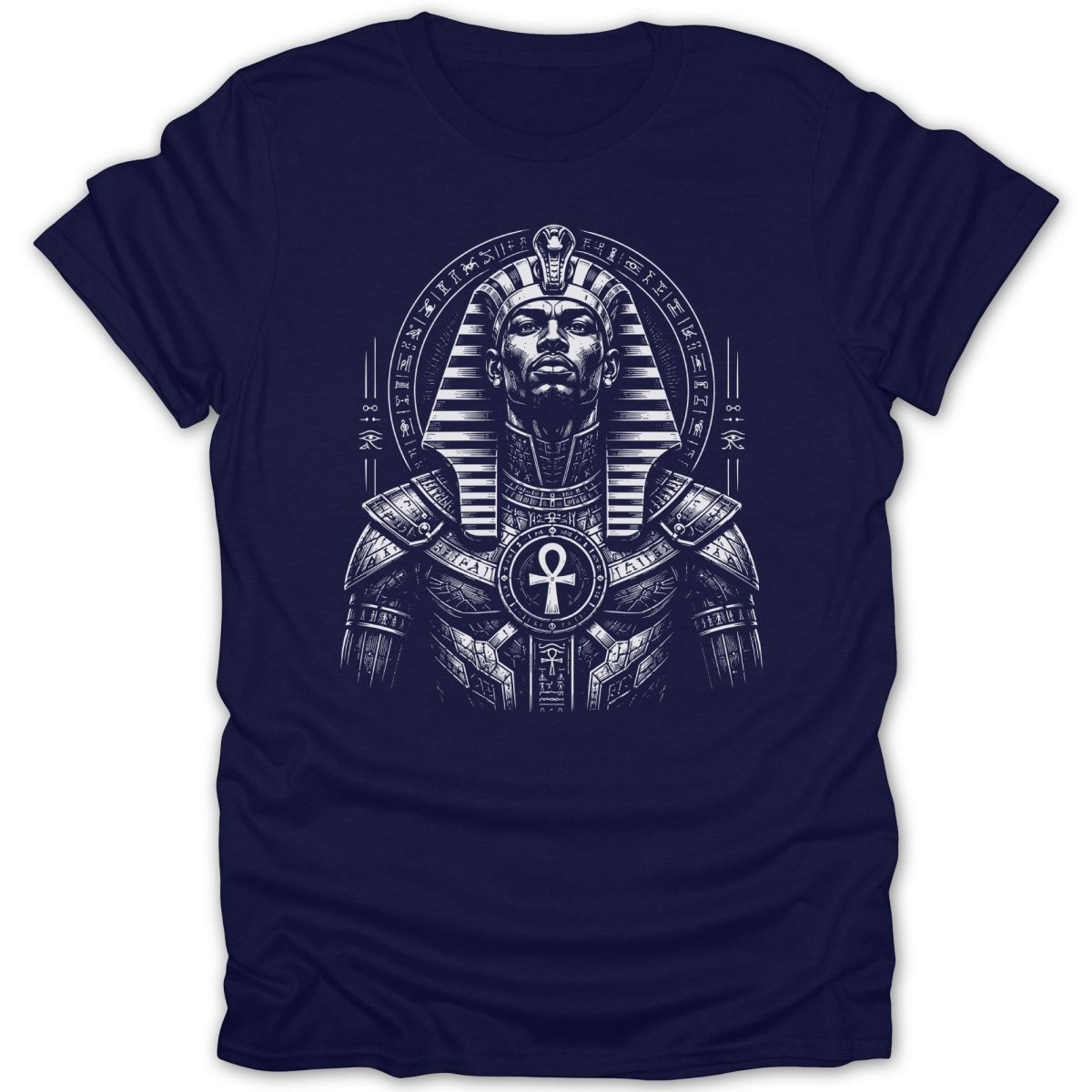 T-shirt with black and white graphic of an Egyptian pharaoh in ornate headdress and armor.