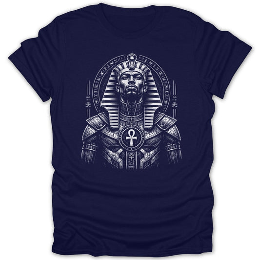 T-shirt with black and white graphic of an Egyptian pharaoh in ornate headdress and armor.