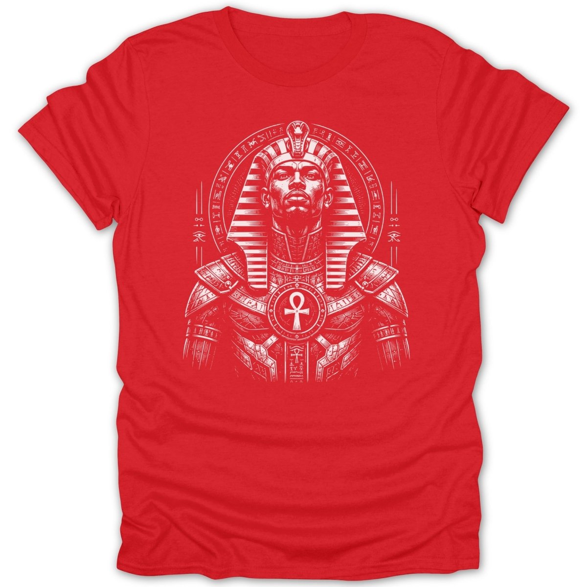 Red t-shirt featuring a white line drawing of an ancient Egyptian pharaoh.