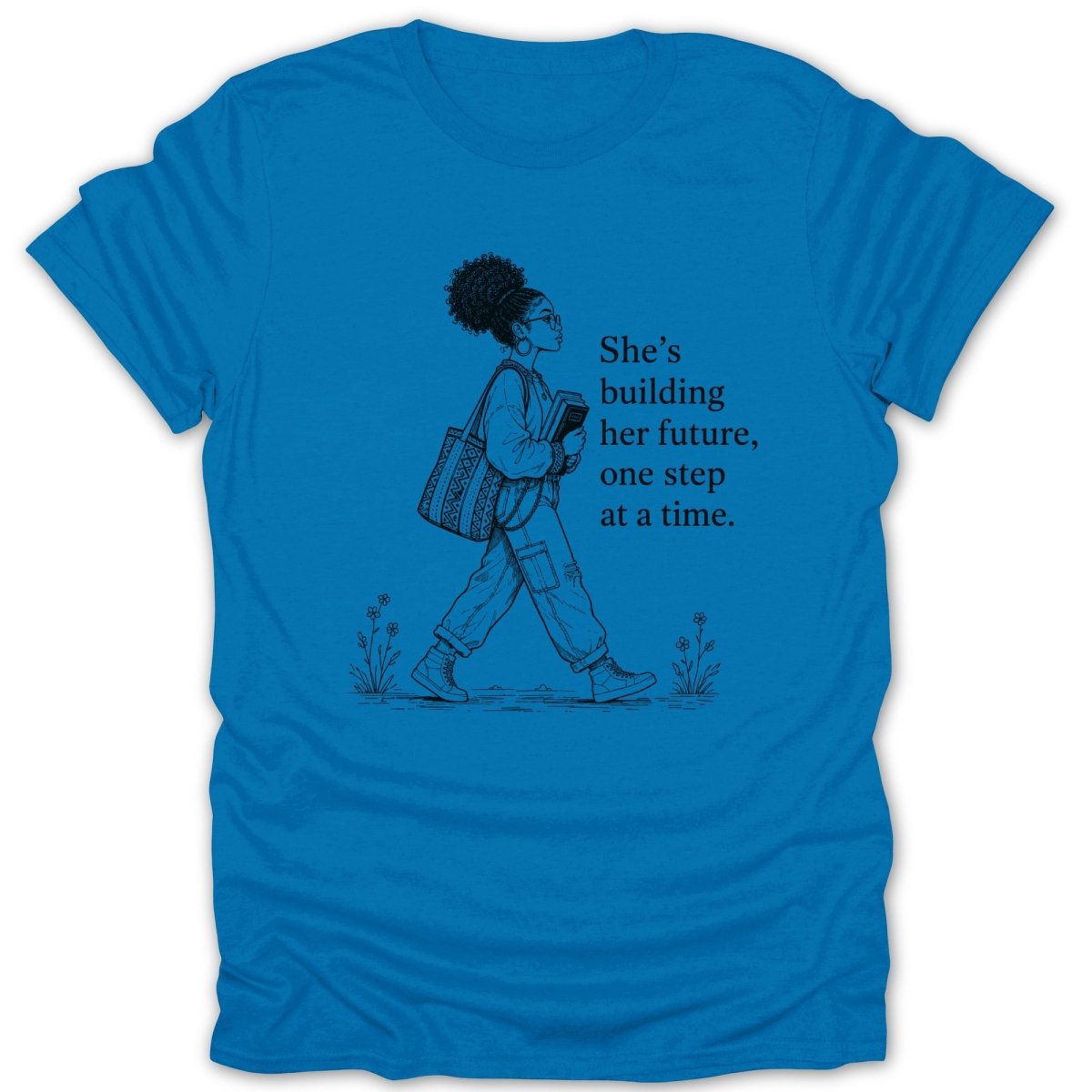 Black line drawing of a woman walking with books and text "She's building her future, one step at a time."