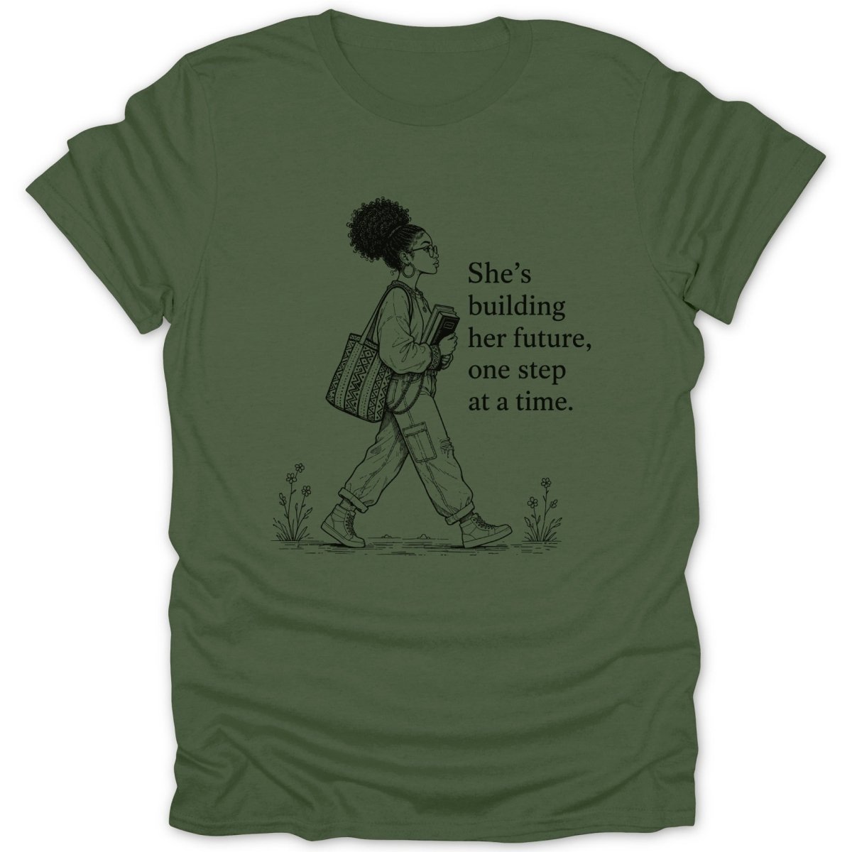 Illustration of a woman walking with books and a bag, text says "She's building her future, one step at a time."