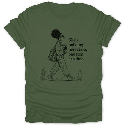 Illustration of a woman walking with books and a bag, text says "She's building her future, one step at a time."