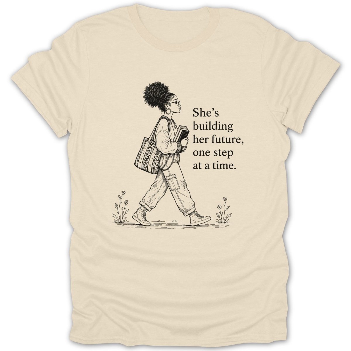 Line art of woman walking with books and bag, text "She's building her future, one step at a time."