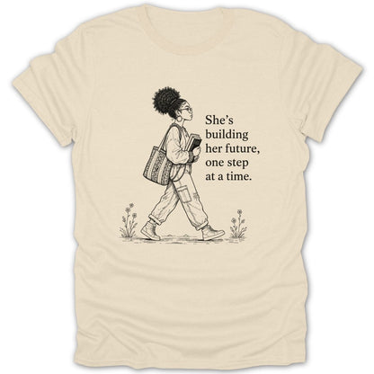 Line art of woman walking with books and bag, text "She's building her future, one step at a time."