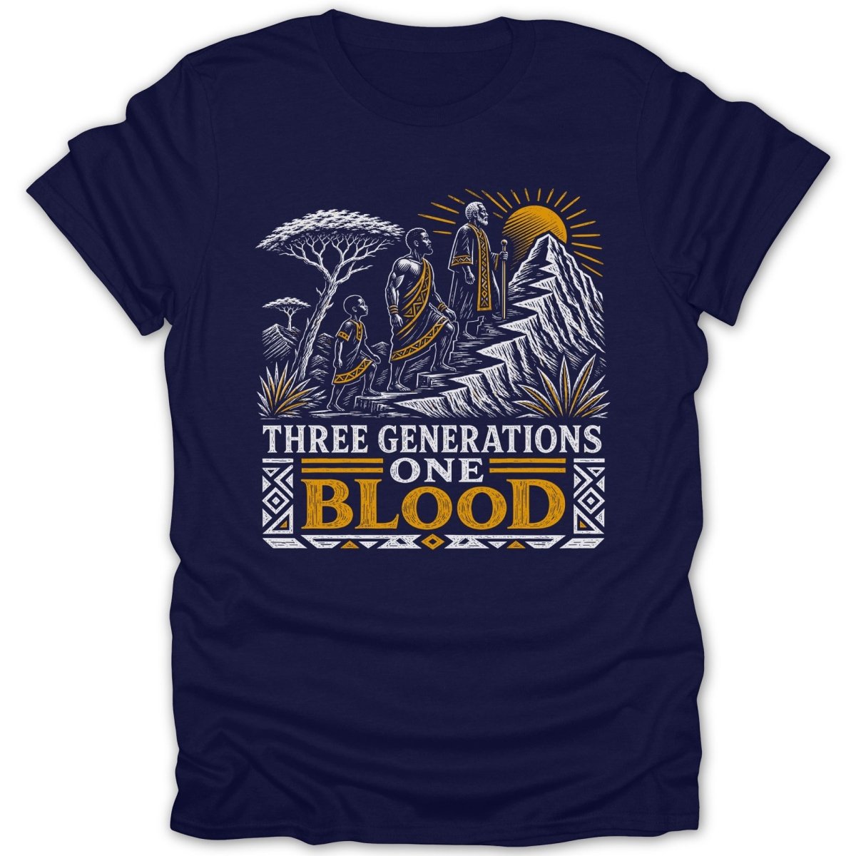 Three generations, one blood text with people walking up a mountain.