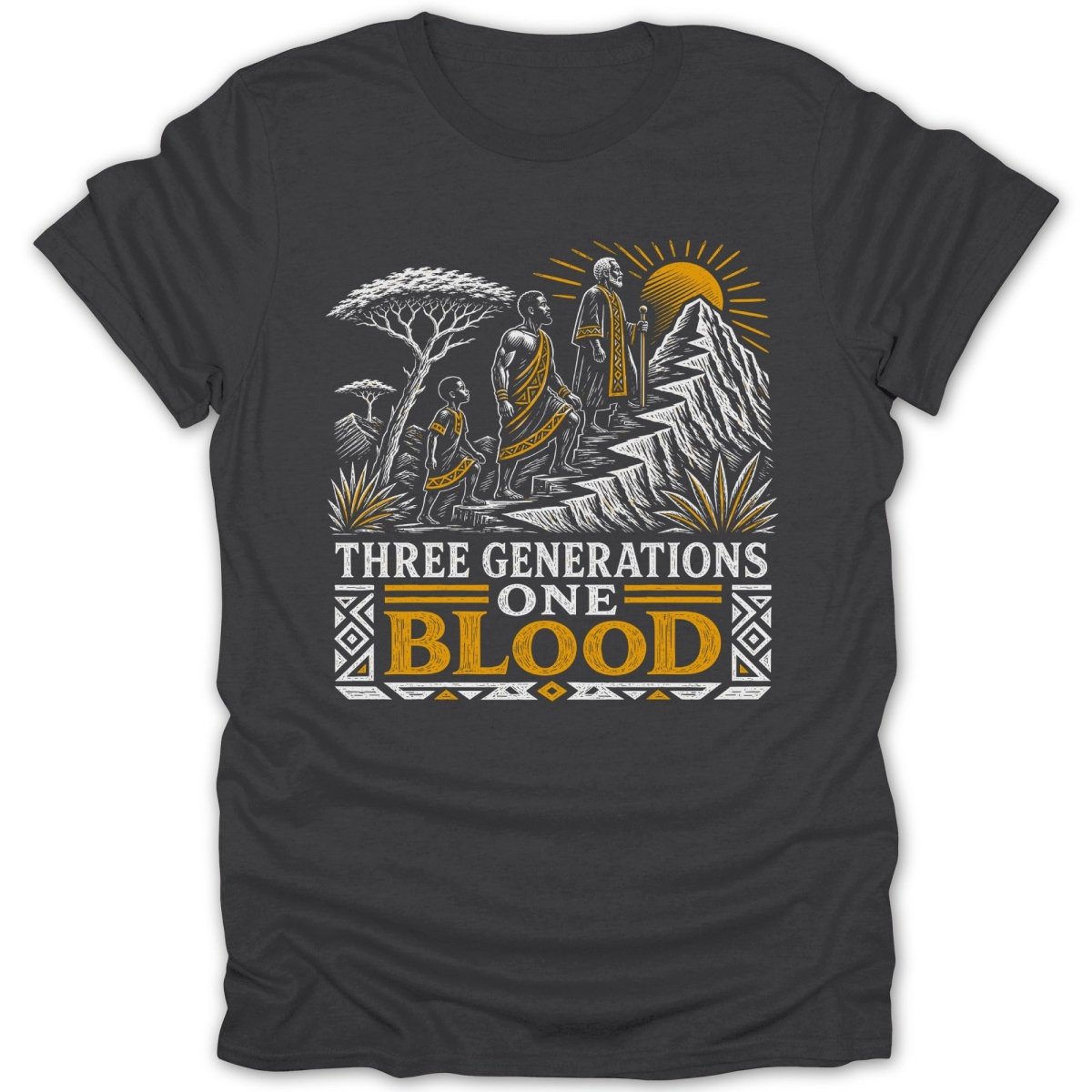 Three generations walk uphill under a sun with "THREE GENERATIONS ONE BLOOD" text.