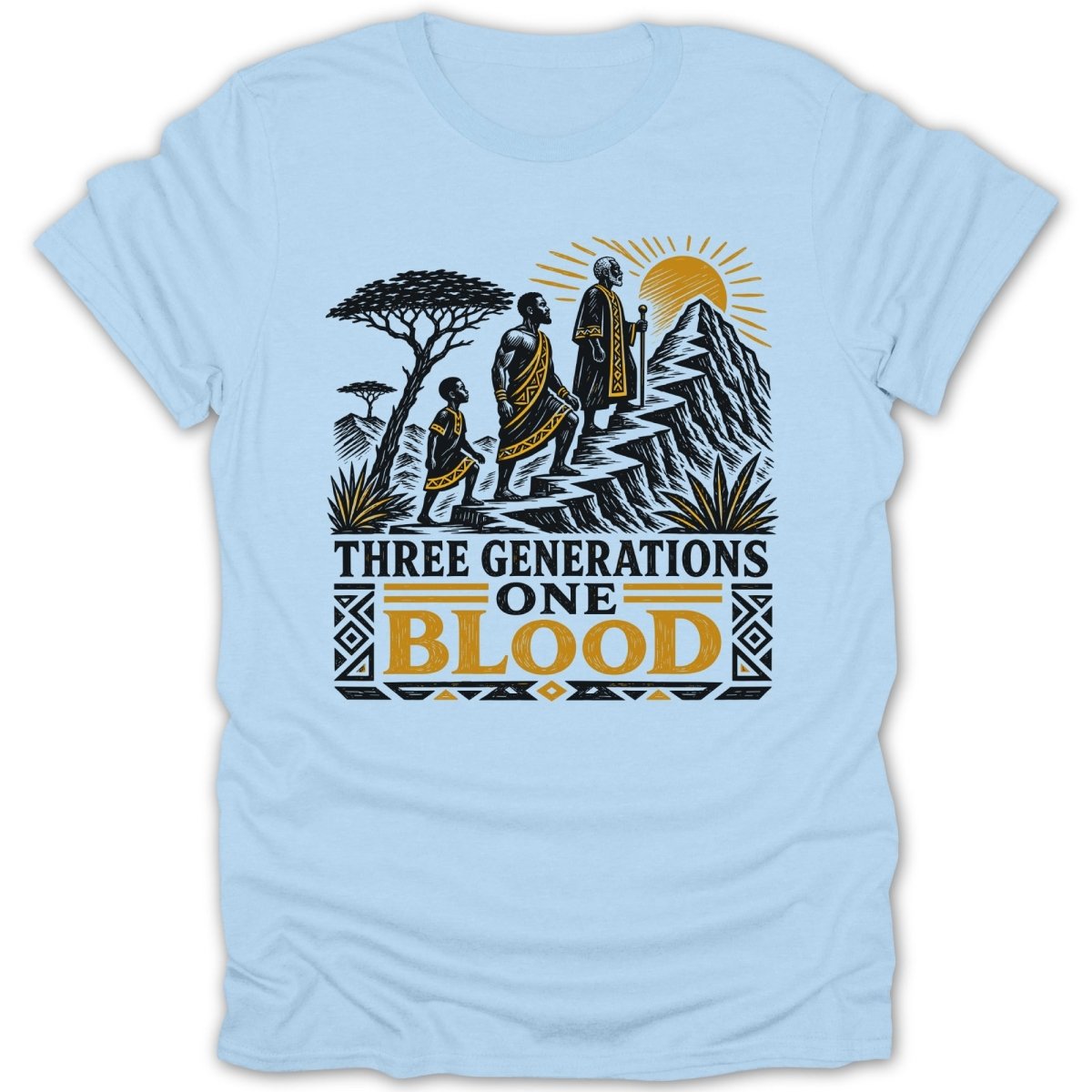 Three Generations One Blood text with African-inspired artwork on light blue t-shirt.