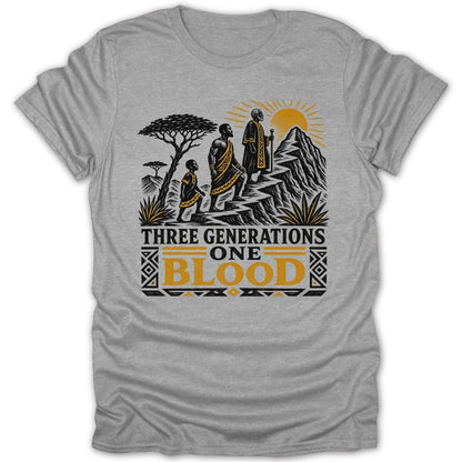 T-shirt with illustration of three generations walking uphill, text reads "THREE GENERATIONS ONE BLOOD."