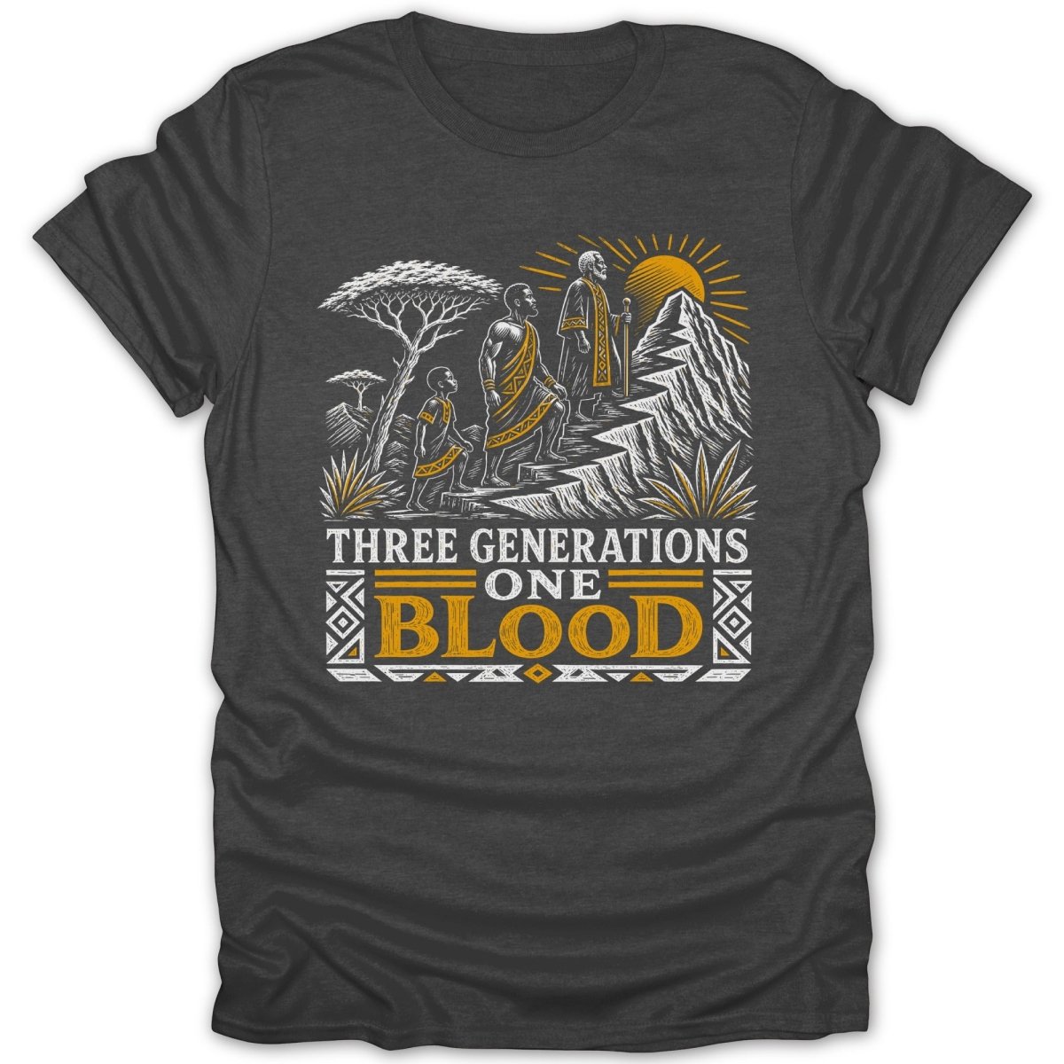 Three generations ascend mountain under sun with text "Three Generations One Blood."