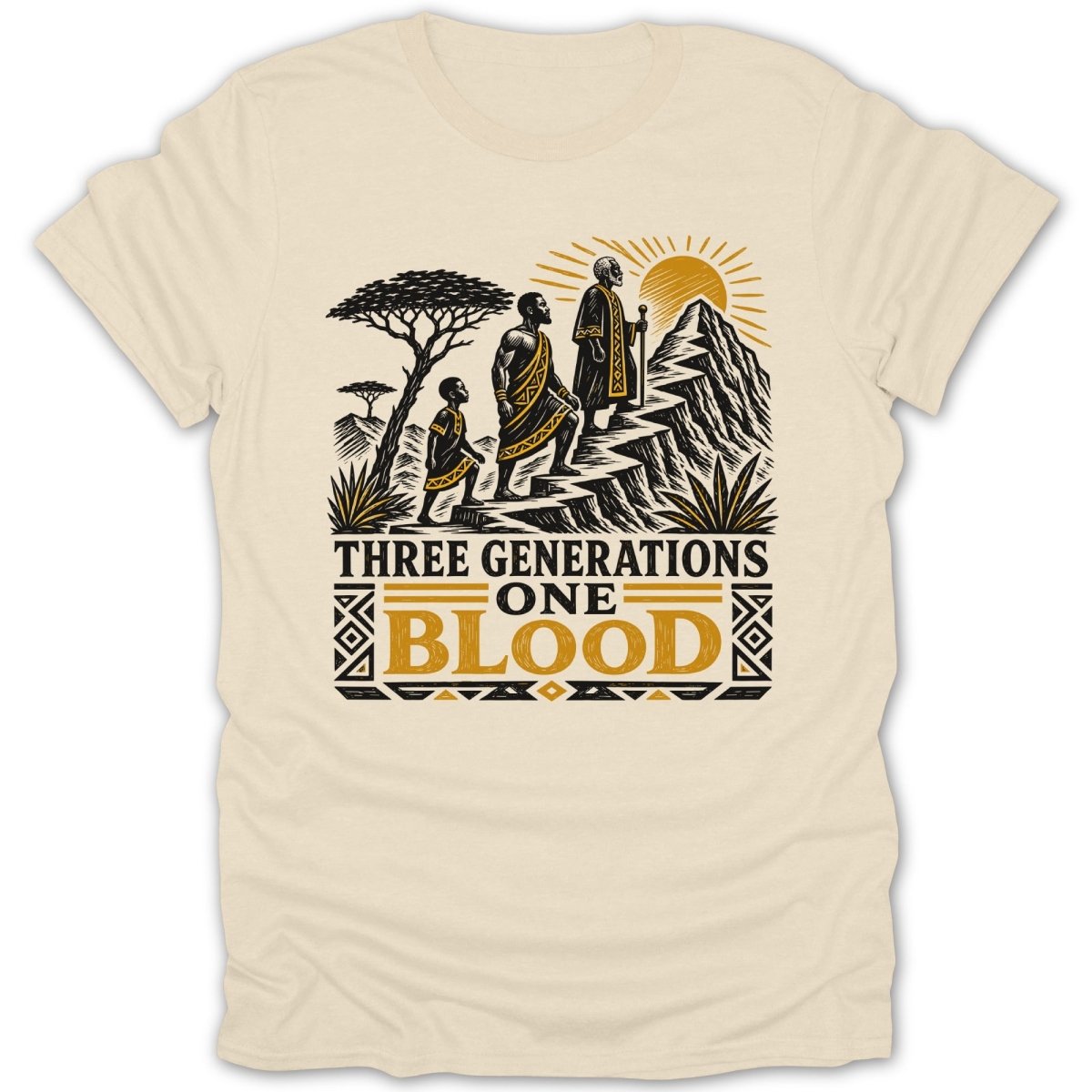 Three generations ascend a mountain with sun and text "THREE GENERATIONS ONE BLOOD".