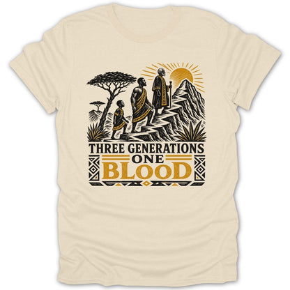 Three generations ascend a mountain with sun and text "THREE GENERATIONS ONE BLOOD".