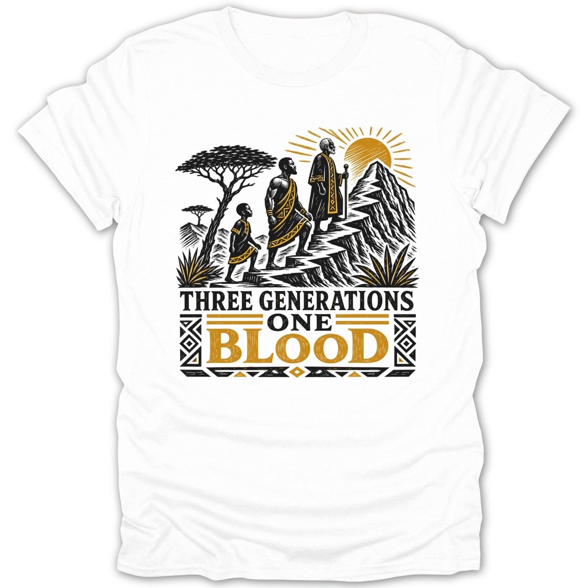 Three generations ascend a mountain under a sun; text reads "THREE GENERATIONS ONE BLOOD".