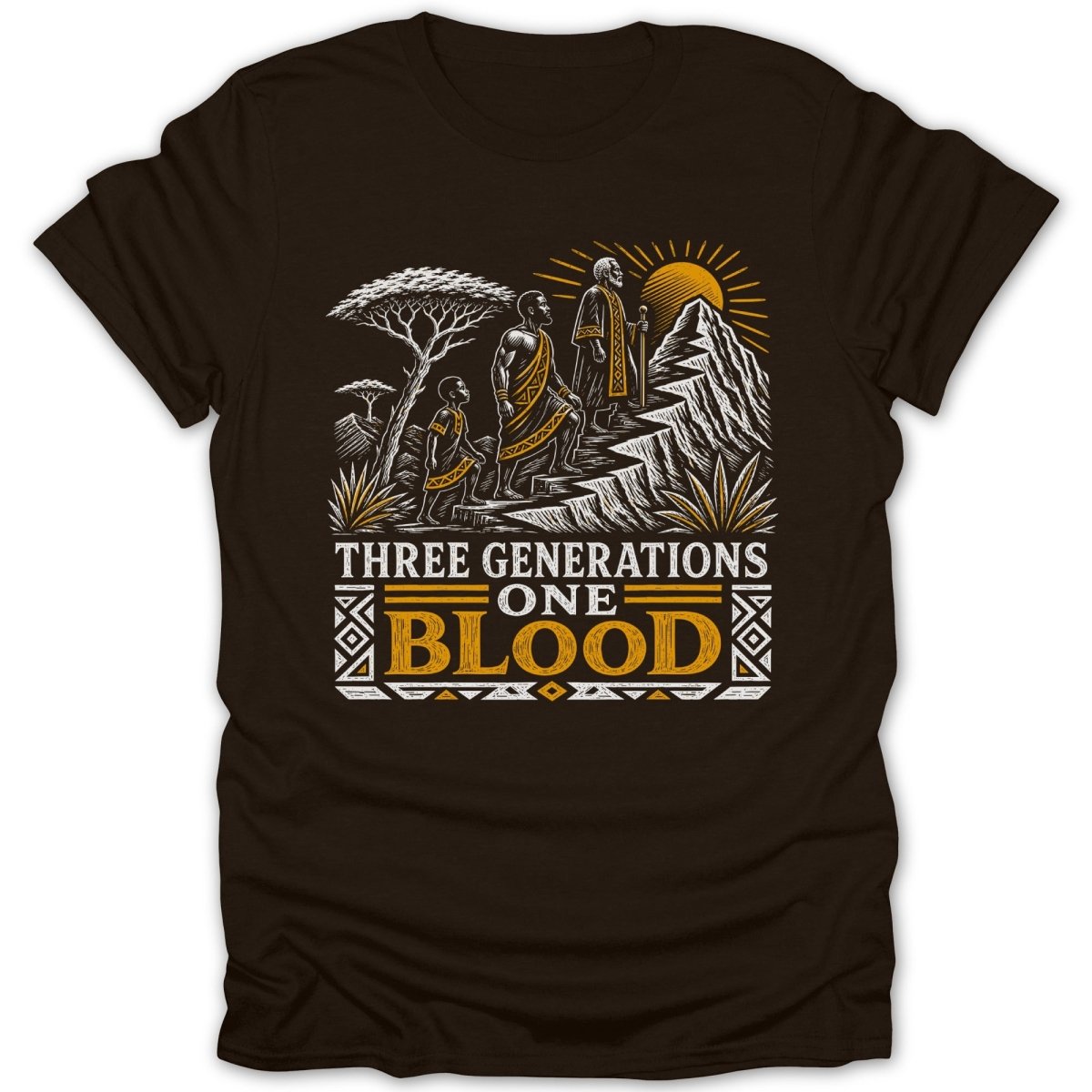 Three generations ascend a mountain under a sun, text reads "THREE GENERATIONS ONE BLOOD".
