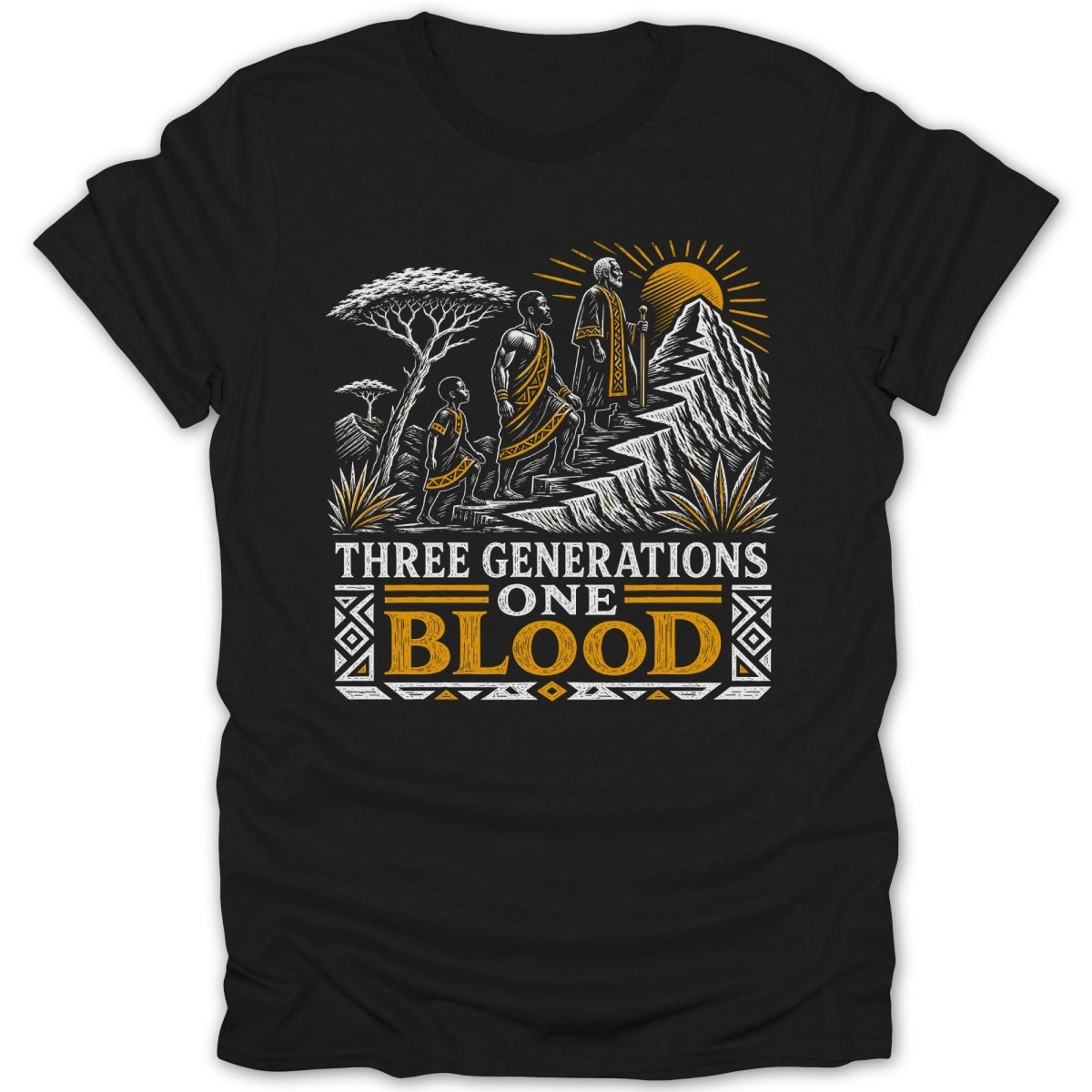 Three generations of Black men ascend a mountain under a sun, with text "THREE GENERATIONS ONE BLOOD".
