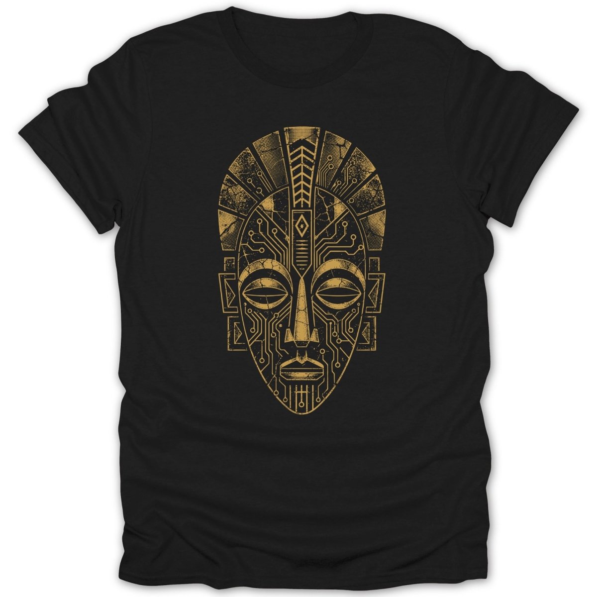 Black t-shirt with a distressed gold abstract tribal mask design.