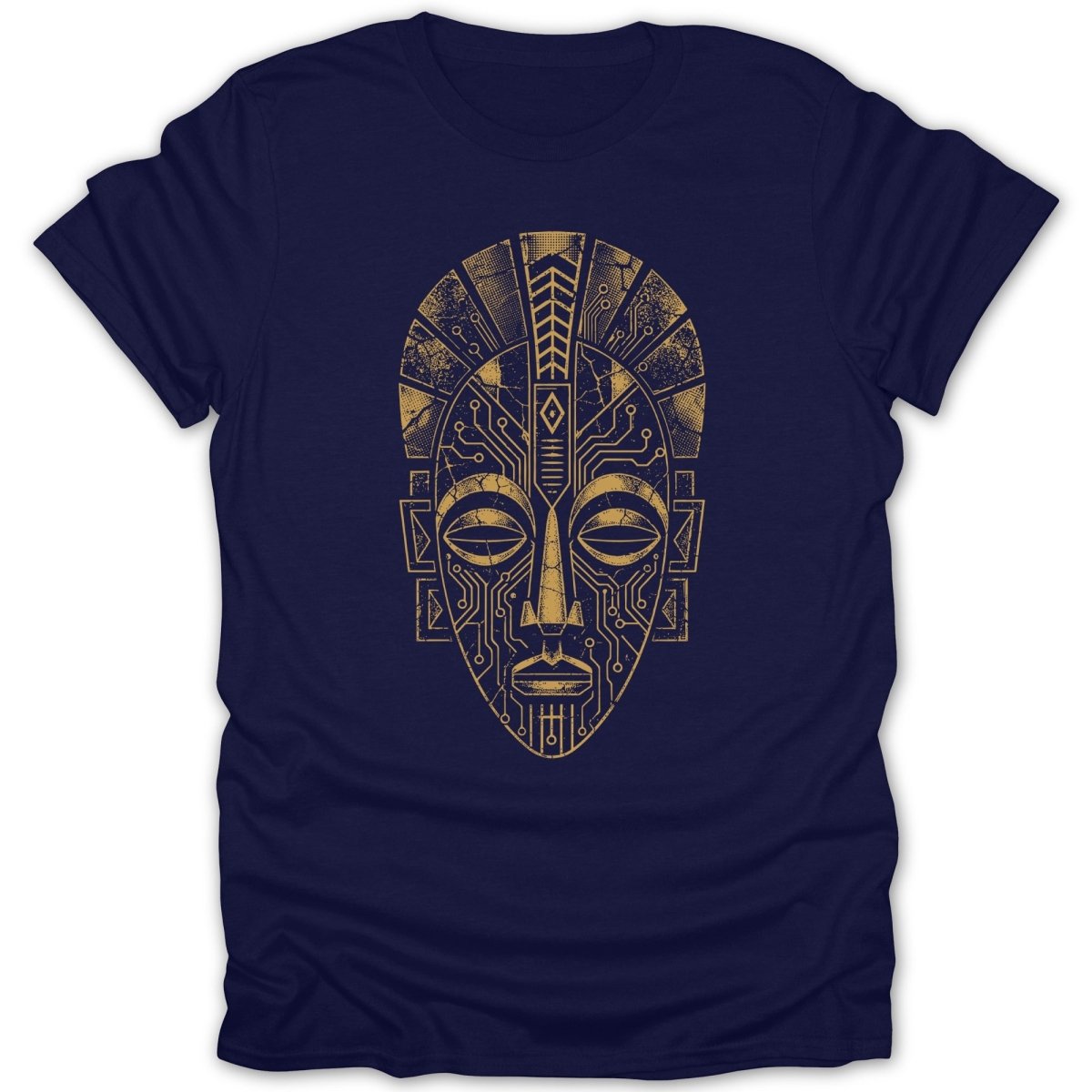 Navy t-shirt with a distressed gold tribal mask graphic integrated with circuit board lines.