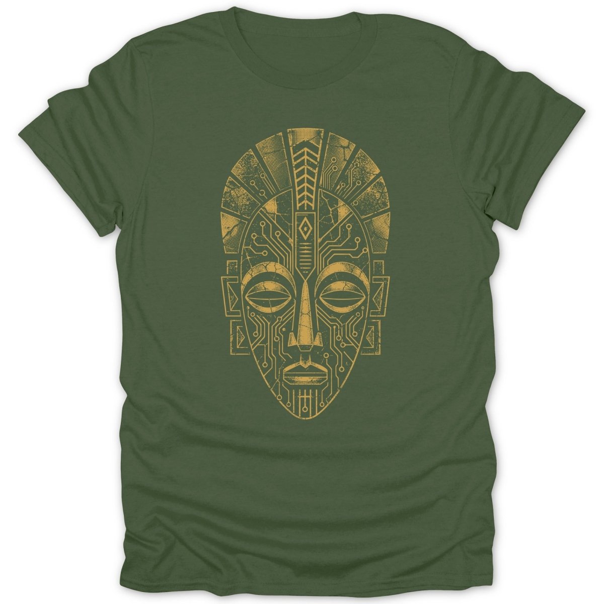 Green t-shirt with a gold, circuitry-inspired tribal mask graphic.