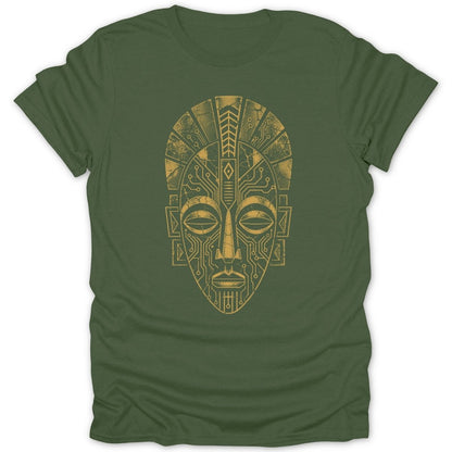 Green t-shirt with a gold, circuitry-inspired tribal mask graphic.