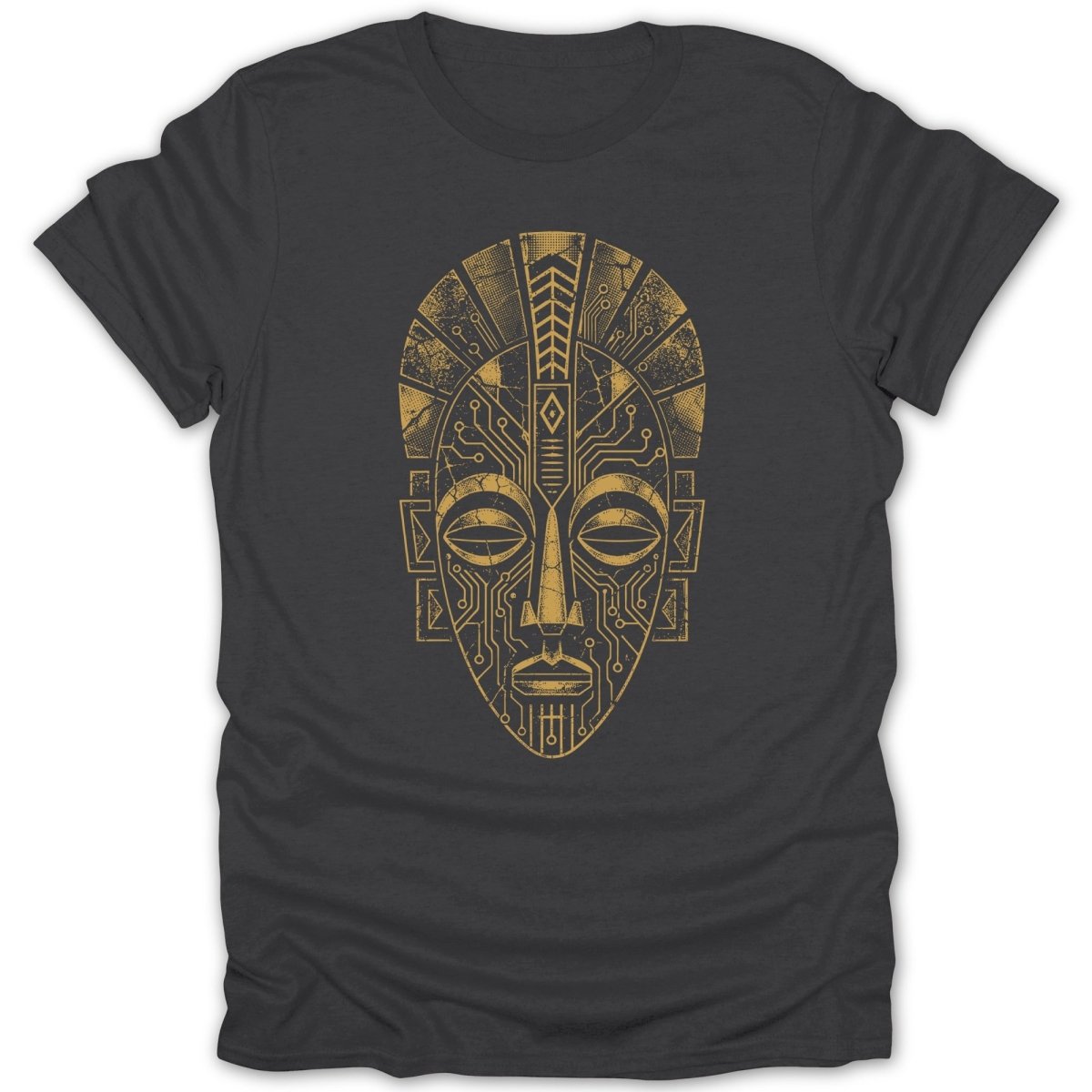 Dark grey t-shirt with a distressed gold tribal mask design incorporating circuit board patterns.