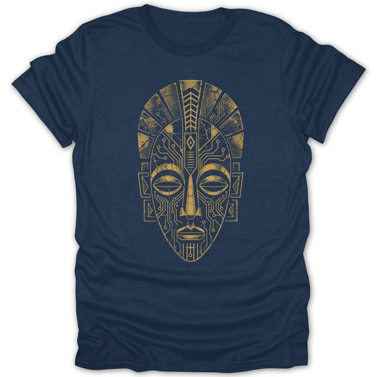 Navy t-shirt with a distressed gold tribal mask made of circuit board lines.