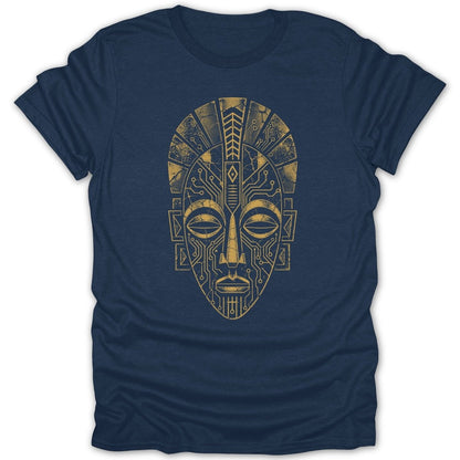 Navy t-shirt with a distressed gold tribal mask made of circuit board lines.
