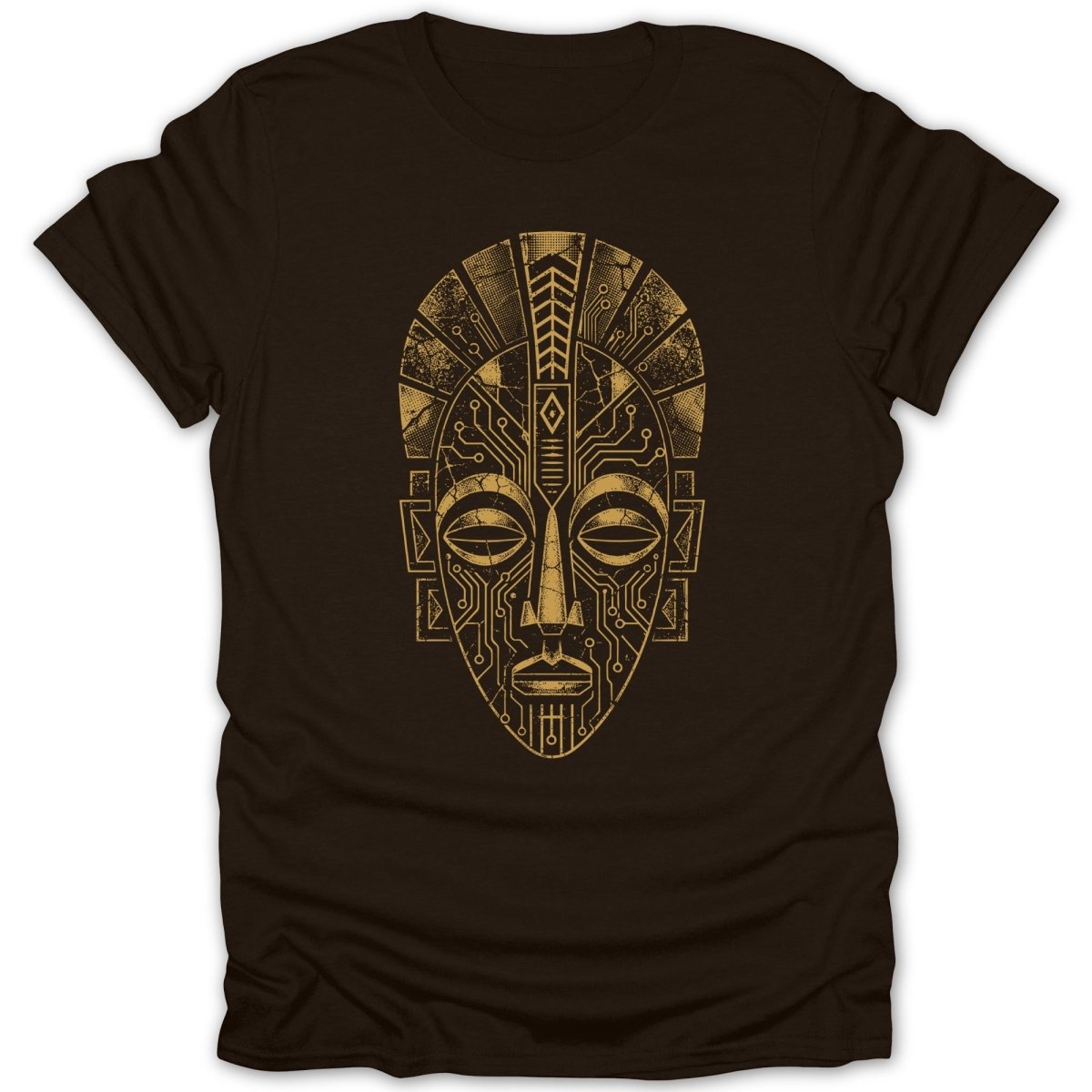 Brown t-shirt with a gold, circuit board inspired tribal mask design.