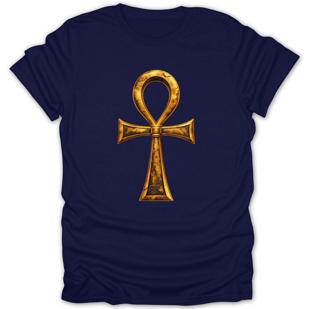 Navy t-shirt with a golden, textured ankh symbol centered on the chest.