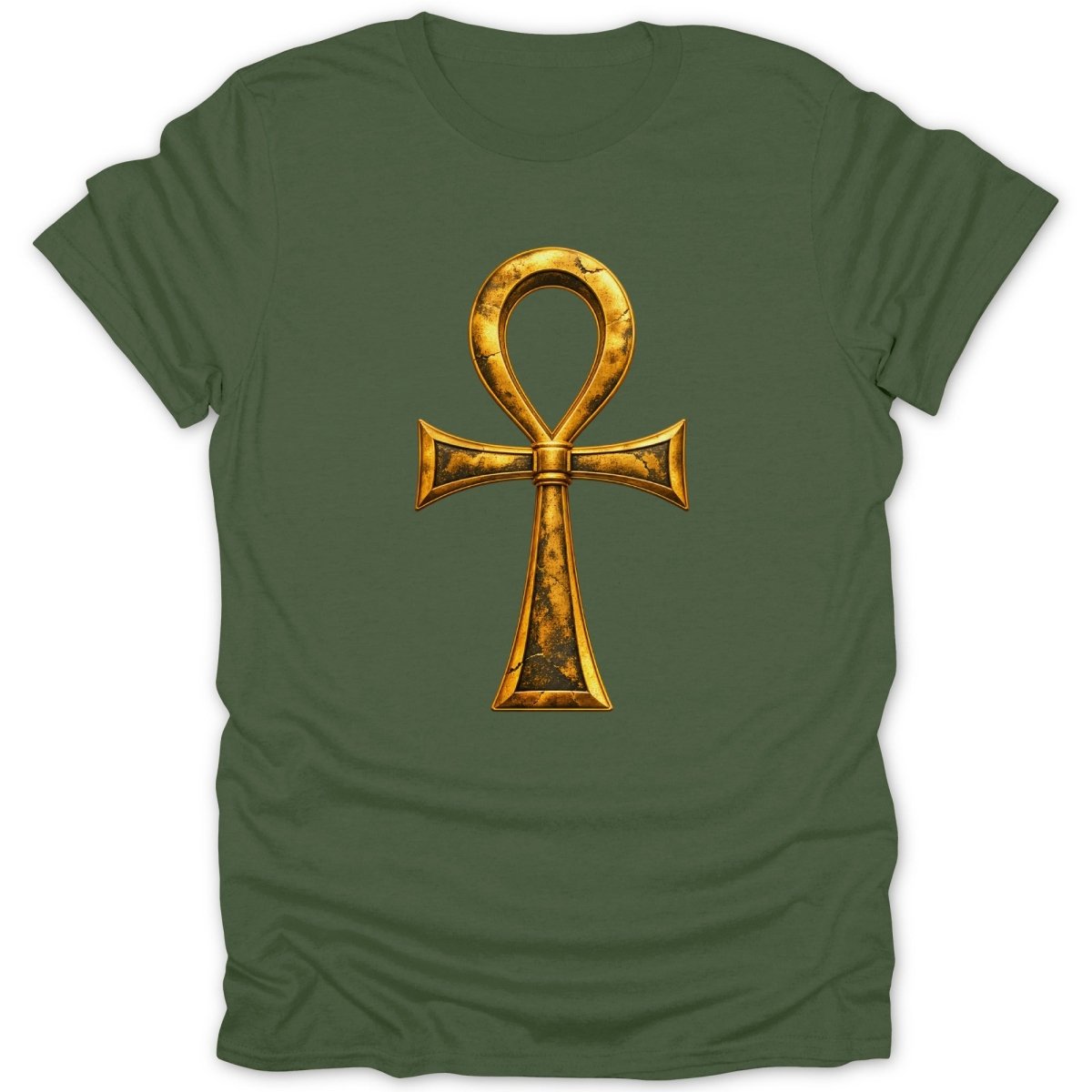 Green t-shirt with a gold, cracked ankh symbol centered on the chest.