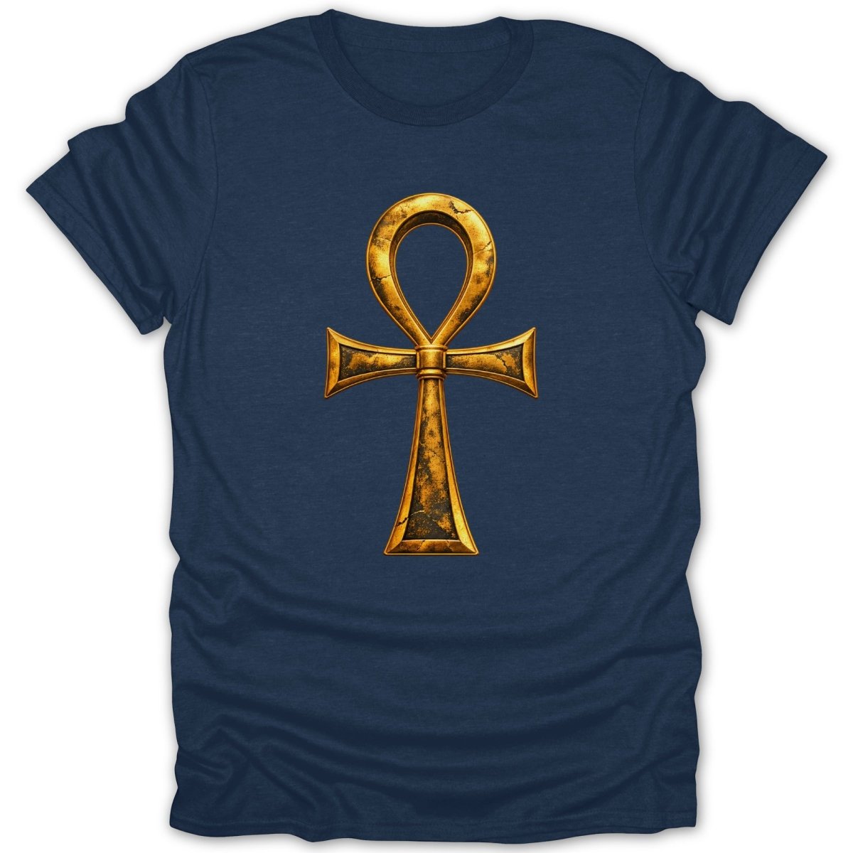 Navy t-shirt with a textured gold ankh symbol centered on the chest.