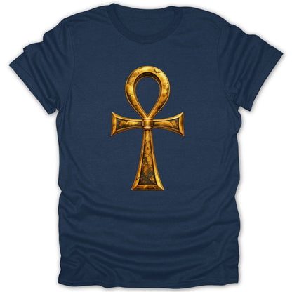Navy t-shirt with a textured gold ankh symbol centered on the chest.
