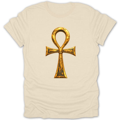 Cream t-shirt with a golden ankh symbol with distressed texture.