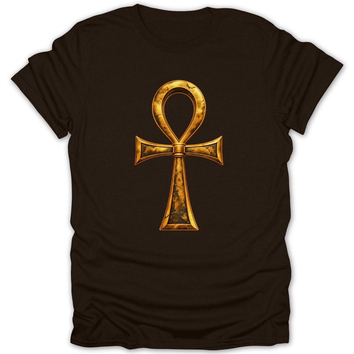 Brown t-shirt with a golden, textured ankh symbol on the front.