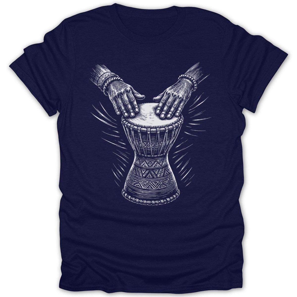 Hands playing a djembe drum with intricate patterns and radiating lines.